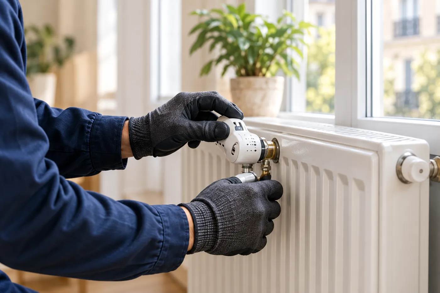 Réglage du robinet thermostatique d'un radiateur par un chauffagiste ganté